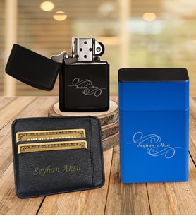 BK Gift Kişiye Özel İsimli Kartlık Mavi Metal Sigara Tabakası Benzinli Çakmak Seti - 3