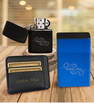 BK Gift Kişiye Özel İsimli Kartlık Mavi Metal Sigara Tabakası Benzinli Çakmak Seti - 3