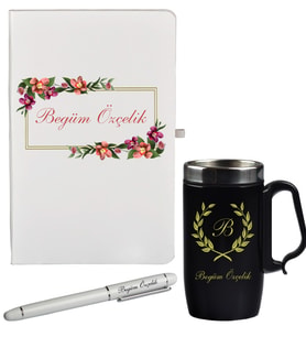 Bahar Çiçekleri Desenli Kişiye Özel Defter Kalem Siyah Termos Mug Seti