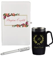 Bahar Çiçekleri Desenli Kişiye Özel Defter Kalem Siyah Termos Mug Seti