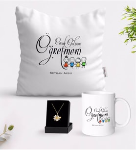 BK Gift Kişiye Özel Çocuk Gelişimi Öğretmeni Beyaz Kupa Yastık ve İsimli Papatya Kolye Hediye Seti-2 (Model 1)