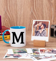 Baş Harfli Mavi Kupa Bardak ve Ahşap Standlı Polaroid Set