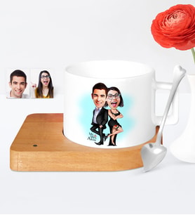 BK Gift Kişiye Özel Mr  Mrs Smith Karikatür Ahşap Altlıklı Seramik Fincan