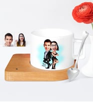 BK Gift Kişiye Özel Mr  Mrs Smith Karikatür Ahşap Altlıklı Seramik Fincan