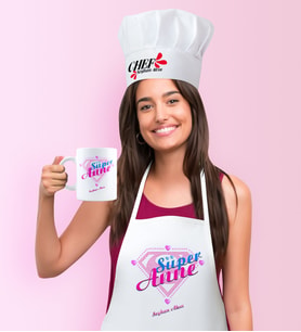 BK Gift Kişiye Özel Süper Anne Mutfak Önlüğü Aşçı Şapkası ve Kupa Seti - 2 (Beyaz)