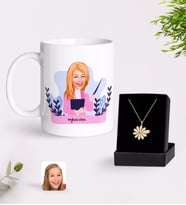 BK Gift Kişiye Özel Bayan Sınıf Öğretmeni Karikatürlü Kupa Ve Papatya Kolye Hediye Seti-2 (Model 1)