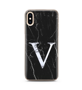 Iphone X Siyah Mermer Harf Tasarımlı Telefon Kılıfı V-Harfi 