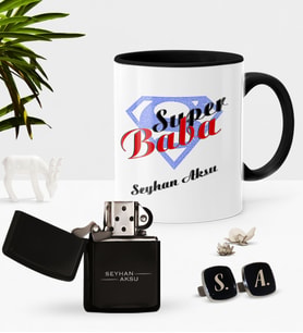 BK Gift Kişiye Özel Süper Baba Siyah Kupa Çakmak Kol Düğmesi Seti-5 (Model 1)