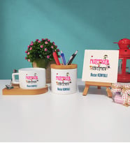 Matematik Öğretmeni Tasarımlı Kişiye Özel Hediye Matematik Öğretmeni Ahşap Altlıklı Fincan Kalemlik ve Dekoratif Taş Baskı Seti