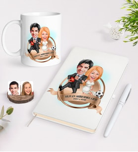 BK Gift Kişiye Özel Yılın En Mükemmel Çifti Karikatürlü Beyaz Defter Kalem ve Kupa Seti-15 (Model 1)