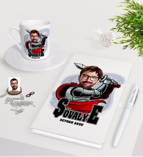 BK Gift Kişiye Özel Şövalye Karikatürlü Beyaz Defter Kalem Türk Kahvesi Fincanı Seti-1 (Model 1)