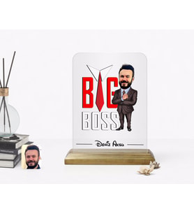BK Gift Kişiye Özel Erkek Big Boss Karikatürlü Ahşap Standlı Çerçeve-4 (Beyaz)