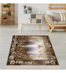 Şal Desenli Gold Dijital Baskı Yıkanabilir Kaymaz Taban Modern Salon Halısı ve Yolluk (Kahverengi)