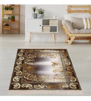 Şal Desenli Gold Dijital Baskı Yıkanabilir Kaymaz Taban Modern Salon Halısı ve Yolluk (Kahverengi)