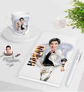 BK Gift Kişiye Özel Erkek Karikatürlü Beyaz Defter Kalem Türk Kahvesi Fincanı Seti-34 (Model 1)