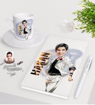 BK Gift Kişiye Özel Erkek Karikatürlü Beyaz Defter Kalem Türk Kahvesi Fincanı Seti-34 (Model 1)