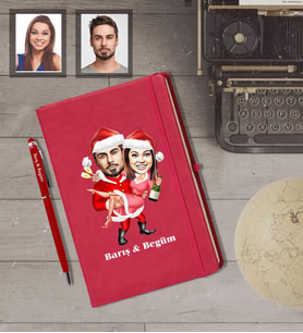 Kişiye Özel Yılbaşı Sevgili Karikatürlü Kırmızı Defter Kalem Hediye Seti Model-2