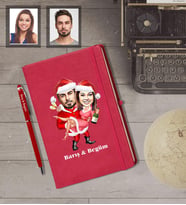 Kişiye Özel Yılbaşı Sevgili Karikatürlü Kırmızı Defter Kalem Hediye Seti Model-2