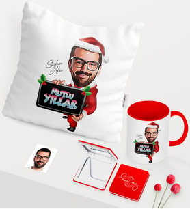 BK Gift Kişiye Özel Yılbaşı Temalı Bay Karikatürlü Kırmızı Kupa Ayna Yastık Seti - 1