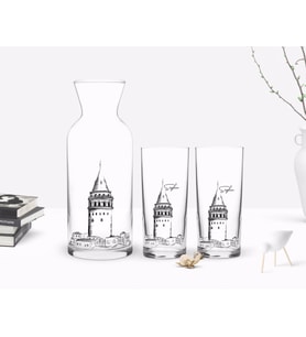 BK Gift Kişiye Özel Renkli Baskılı Galata Kulesi Tasarımlı İkili Rakı Bardağı ve Karaf Hediye Seti-10 (Beyaz)