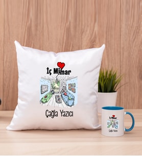 İç Mimar Kare Yastık ve Mavi Kupa Bardak