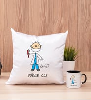 Erkek Diş Hekimi Karikatürü Kare Yastık ve Siyah Kupa Bardak
