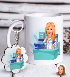 BK Gift Kişiye Özel Bayan Eczacı Karikatürlü Beyaz Kupa ve Anahtarlık Hediye Seti-4 (Model 1)