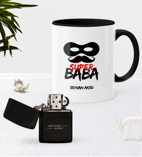 BK Gift Kişiye Özel Süper Baba Siyah Kupa Bardak Benzinli Metal Çakmak Seti-4 (Model 1)