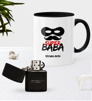 BK Gift Kişiye Özel Süper Baba Siyah Kupa Bardak Benzinli Metal Çakmak Seti-4 (Model 1)
