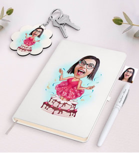 BK Gift Kişiye Özel Kadın Doğum Günü Karikatürlü Beyaz Defter Kalem ve Anahtarlık Hediye Seti (Model 1)