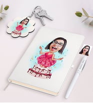 BK Gift Kişiye Özel Kadın Doğum Günü Karikatürlü Beyaz Defter Kalem ve Anahtarlık Hediye Seti (Model 1)
