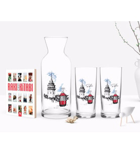 BK Gift Kişiye Özel Renkli Baskılı İstanbul Tasarımlı İkili Rakı Bardağı Karaf ve Cep Kitabı Hediye Seti-1 (Model 1)