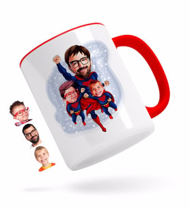 BK Gift Kişiye Özel Süper Baba ve 2 Çocuk Karikatürlü Kırmızı Kupa Bardak