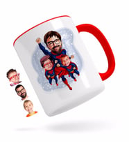 BK Gift Kişiye Özel Süper Baba ve 2 Çocuk Karikatürlü Kırmızı Kupa Bardak
