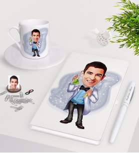 BK Gift Kişiye Özel Erkek Kimyager Karikatürlü Beyaz Defter Kalem Türk Kahvesi Fincanı Seti-2 (Model 1)