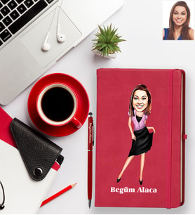 Kişiye Özel Bayan Karikatürlü Kırmızı Defter Kalem Hediye Seti Model-1