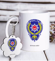 BK Gift Kişiye Özel Mesleki Polis Beyaz Kupa ve Anahtarlık Hediye Seti-2 (Model 1)