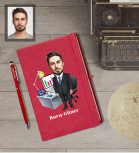 Kişiye Özel İş Adamı Karikatürlü  Kırmızı Defter Kalem Hediye Seti Bay-26