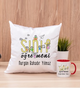 Sınıf Öğretmeni Kare Yastık ve Kırmızı Kupa Bardak