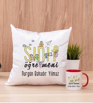 Sınıf Öğretmeni Kare Yastık ve Kırmızı Kupa Bardak