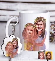 BK Gift Kişiye Özel Kız Kardeşler Karikatürlü Beyaz Kupa ve Anahtarlık Hediye Seti-2 (Model 1)