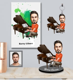 Kişiye Özel Piyanist Karikatürlü 3 lü Hediye Seti Bay-1