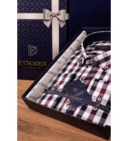 Lacivert Beyaz Slimfit Oduncu Hediye Kutulu Erkek Gömlek (Bordo)