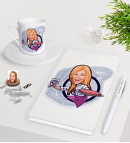 BK Gift Kişiye Özel Bayan Garson Karikatürlü Beyaz Defter Kalem Türk Kahvesi Fincanı Seti-1 (Model 1)