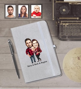 Kişiye Özel Aile Karikatürlü Gri Defter Kalem Hediye Seti   Mod-6