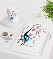 BK Gift Kişiye Özel Güzellik Ve Saç Bakımı Öğretmeni Beyaz Defter Kalem Türk Kahvesi Fincanı Seti (Model 1)