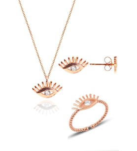 Söğütlü Silver Gümüş rose zirkon taşlı kirpikli göz kolye bileklik ve küpe gümüş üçlü set