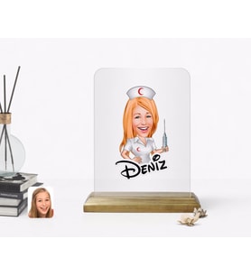 BK Gift Kişiye Özel Hemşire Karikatürlü Ahşap Standlı Çerçeve-1 (Beyaz)