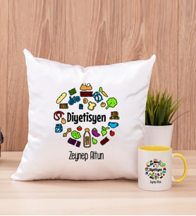 Diyetisyen Kare Yastık ve Sarı Kupa Bardak