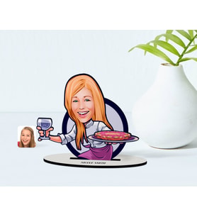 BK Gift Kişiye Özel Kadın Garson Karikatürlü Ahşap Biblo Model-1 (Beyaz)
